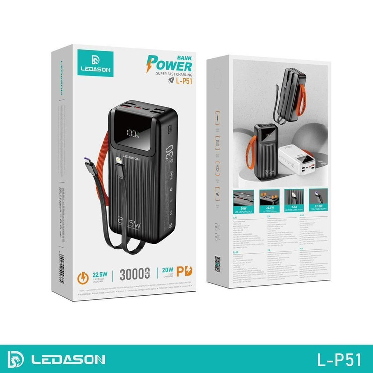 پاوربانک LEDASON L-P51 با ظرفیت 30,000 میلیآمپر ساعت، طراحی شیک و نمایشگر LED برای نمایش وضعیت شارژ.