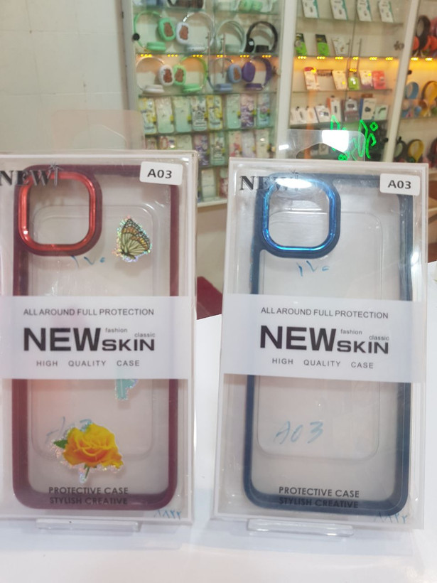 گارد گوشی سامسونگ A03 با تنوع بالا پافر مای کیس و دور طلایی شفاف و دور طلایی و شفاف هولدر دار