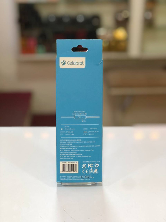 نمای پشت بستهبندی Celebrat G6 با مشخصات فنی و استانداردهای CE/FCC/RoHS