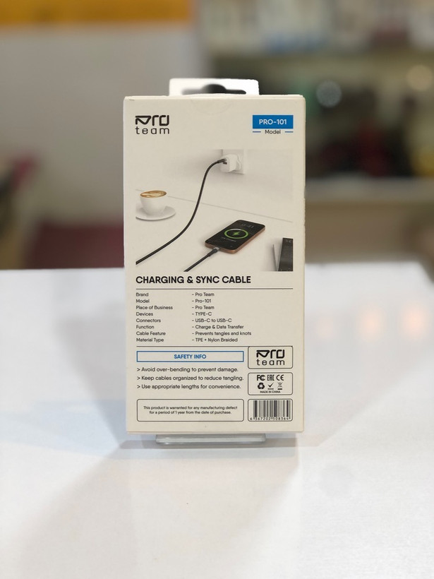 کابل دو سر Type-C برند Pro team مدل Pro-101 | سوپر فست شارژ با روکش کنفی