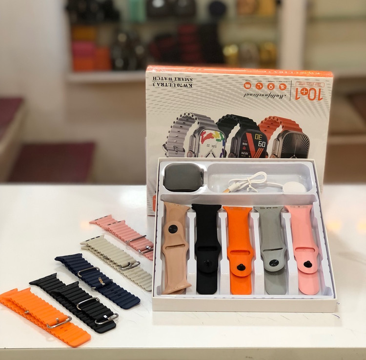 بسته کامل ساعت KEQIWEAR KW70 Ultra 3 شامل ۶ بند رنگی مختلف و کابل شارژ